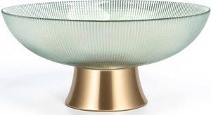 Round Glass Decorative Bowl (Green), 9.8 Inches Handblown Striped Design Glass Bowl with Rust Resistant Metal Base,Decor Fruit Bowl for Home Decor,Table Centerpiece,Kitchen Island and Dining Decor