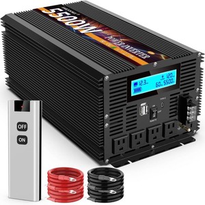 $320 5500 Watt Power Inverter 12V DC to 110V 120V Converter for Family RV Off Grid Solar System Car with Type-C Ports 3 AC Power Outlets Dual USB Ports LCD Display Wireless Remote Control