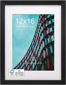 12x16 Picture Frame-Black,9x12 Mat,Tempered Glass,Engineered Wood  12x16 Wood Picture Frame,Acid-Free 12x9 Removable Mat,Wall Hangs Vertical or Horizontal, Fits Photos, Posters and Art,1 Pack