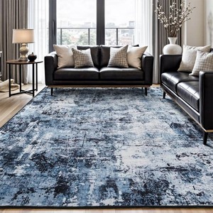 Rugflix 8x10 Area Rugs for Living Room, Washable Large Rug Stain-Resistant Low Pile, Modern Dark Carpet for Dining Room Home Office Kid Room Nursery Bedroom, Navy BlueBlack