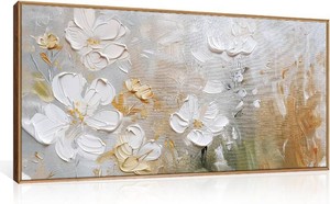 HPNIUB Large White Flower Framed Wall Art Modern White and Gold Floral Canvas Oil Painting Nature Botanical Wall Decor Abstract Aesthetic Artwork for Living Room Bedroom Decor -20x40