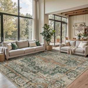 Rugxara 8x10 Area Rugs for Living Room Large Washable Rug, GreenBrown  Non Slip, Rug for Dining Room Bedroom Office Kids Room, Stain Resistant, Soft, Low Pile, Vintage Boho Retro Carpet,Home Decor