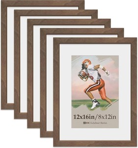 VCK 12x16 Picture Frame 5 Pack - Walnut, Tempered Glass, for Photo Print  8x12 Acid-Free Mat, High-End Natural Wood Picture Frame, Wall Hanging for Artwork, Painting, Gallery, VerticalHorizontal