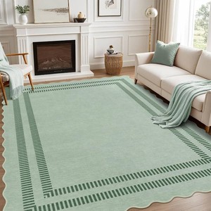 $140 Washable 8x10 Rugs for Living Room Bedroom, Non-Slip Sage Green Indoor Carpet for Dining Room Office, Ultra Thin Scalloped Soft Carpets for Kids Nursery Playroom