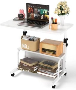 QZMDSM Portable Desk with Wheels Small Standing Desk on Wheels Adjustable Height Rolling Desks for Small Spaces, 32 Computer Desks with Storage Shelves for Home Office Study White