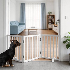 ZJSF Freestanding Indoor Dog Gate for House Foldable Wood White Puppy Gate for Doorways Pet Gate for Stairs Extra Wide Pet Fence 24 Height 3 Panels