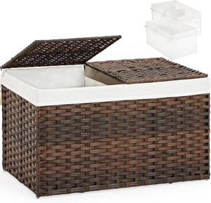 SETVSON Storage Basket with Lid, 2-Lid PE Rattan Storage Bin, Brown  65L Storage Bin with 2 Separate Lids, 2 Removable Liners with Divider for Clothes & Blankets, Sturdy Frame, Brown