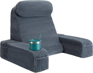 Reading Pillow for Adults, Back Pillow for Bed Sitting Up, Backrest Pillow for Sitting in Bed, Detachable Arms with Built-in Cup & Phone Caddy (Dark Gray-Corduroy, 21 INCH)
