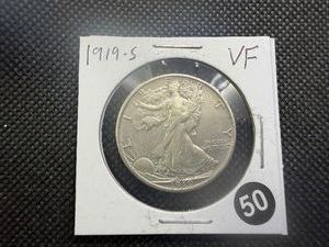 Semi-Key Date1919-S Walking Liberty Silver Half Dollar Marked VF When Purchased - Greysheet Wholesale Value for a VF20 is $330