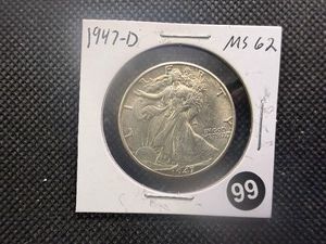 1947-D Walking Liberty Silver Half Dollar Marked MS62 When Purchased