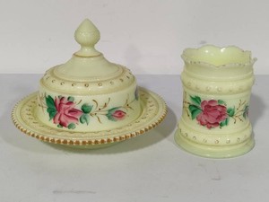 Heisey Custard Uranium Glass - Invorina Verde Ring Band Butter Dish & Cup