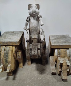 Three Outdoor Wooden Pig Plant Stands & Pig Decor
