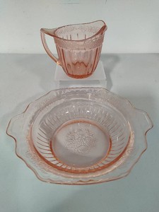 Jeanette Adam Pink Depression Glass Serving Bowl & Matching Creamer