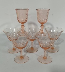 Set of Five Tiffin Franciscan Pink Stemmed Glasses & Two Luminarc Rosaline Wine Goblets