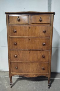Six Drawer Antique Wood Dresser on Wheels