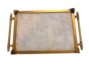 Large Translucent Onyx-Style Stone Tray with Brass-Finish Metal Handles