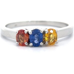 Oval Cut Natural Red, Yellow & Blue Sapphire Three-Stone Ring VIDEO