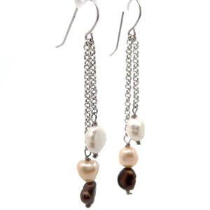 6-7mm Freshwater Pearl Pink, White & Chocolate Fringe Chain Chandelier Earrings VIDEO