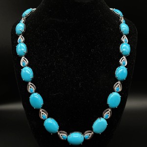Oscar Friedman 106.35 Carat Natural Turquoise & 1.12 Carat Natural Diamond Necklace in 14K White Gold $46,732 Appraisal