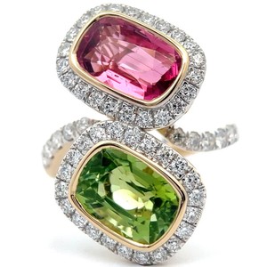 5.94 Carat Natural Rubellite & Green Tourmaline Diamond Ring in 14K Two-Tone Gold $16,820 Appraisal Included VIDEO