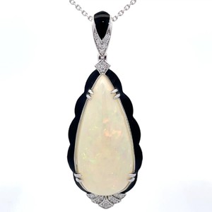 25.13 Carat Natural Opal, Natural Diamond & Black Enamel Pendant Necklace in Platinum $24,760 Appraisal VIDEO