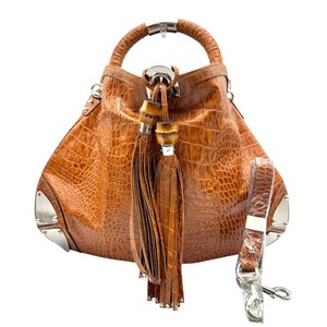 Vintage Gucci Crocodile-Embossed Leather Bamboo Tassel Handbag with Shoulder Strap Never Used  Retail Estimate $2,500