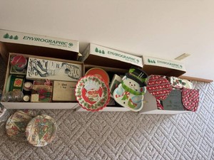 Box Lot of Vintage Christmas Decor Trays Tins Textiles & More