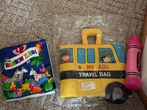 Lot of Assorted Kids Soft Books Plush Travel Bag & Crayon Toy