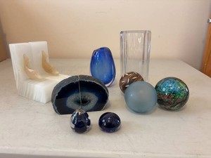 Lot of Assorted Art Glass Paperweights Vases Bookends Decor