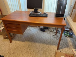 Mid Century Modern Teak Writing Desk Single Pedestal 3 Drawer