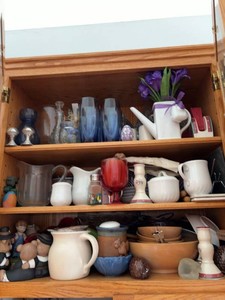Box Lot of Assorted Pottery Glassware Pitchers Candlesticks Decor