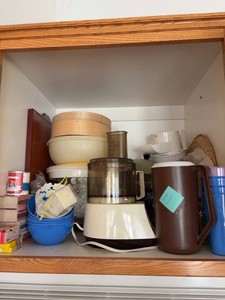 Box Lot of Vintage Kitchenware Food Processor Bowls Thermos Cups