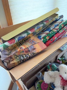 Box Lot of Assorted Holiday Gift Wrap Decor Books & Plush Toys
