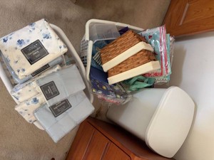 Box Lot of Assorted Bedding, Linens, Storage Baskets & Bin