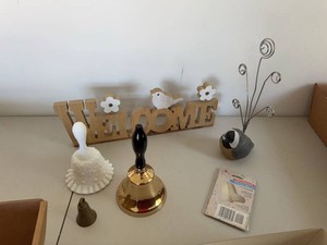 Assorted Home Decor Lot Brass Bells Welcome Sign Bird Memo Holder