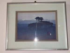 Vintage Framed Blue Landscape Art Print Silver Tone Metal Frame