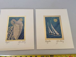Pair of Signed Matted Mini Batik-Style Artworks Egret & Regatta