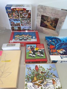 Box Lot of Assorted Jigsaw Puzzles Peanuts Thomas Kinkade Melissa & Doug - All new in packaging