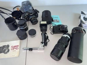 Canon F-1 Camera Lot Sure Shot 80 Tele Tamron Lens Promaster Flash