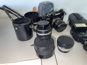Canon F-1 Camera Lot Sure Shot 80 Tele Tamron Lens Promaster Flash