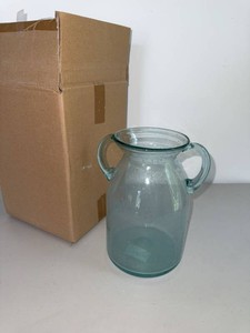 Aqua Seeded Bubble Glass Milk Jug Vase with Double Handles 10in
