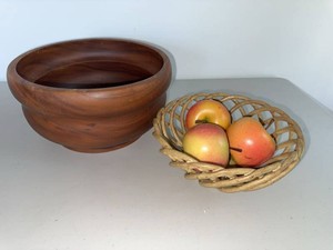 Wood Salad Bowl & Openwork Stoneware Fruit Basket Decor Set