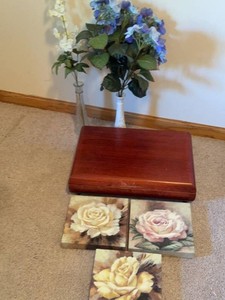 Mixed Home Decor Lot Cedar Storage Box Floral Wall Art & Vases