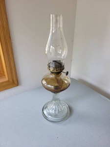 Antique Clear & Amber Glass Kerosene Oil Lamp With Chimney