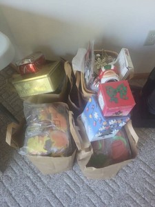 Box Lot of Assorted Christmas Decorations Craft Supplies & Tins