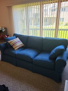 Blue Upholstered 3-Cushion Skirted Sofa with Rolled Arms