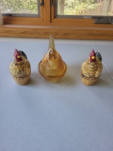 Hen on Nest Covered Dishes Ceramic & Amber Glass Farmhouse Decor