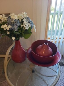 Pier 1 Red Lacquered Bamboo Vase Bowl Platter Decor Set