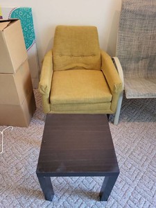 Mustard Upholstered Accent Chair & Dark Wood Side Table Set
