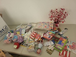 Box Lot of Assorted Craft Supplies Stickers Scissors Valentines Decor